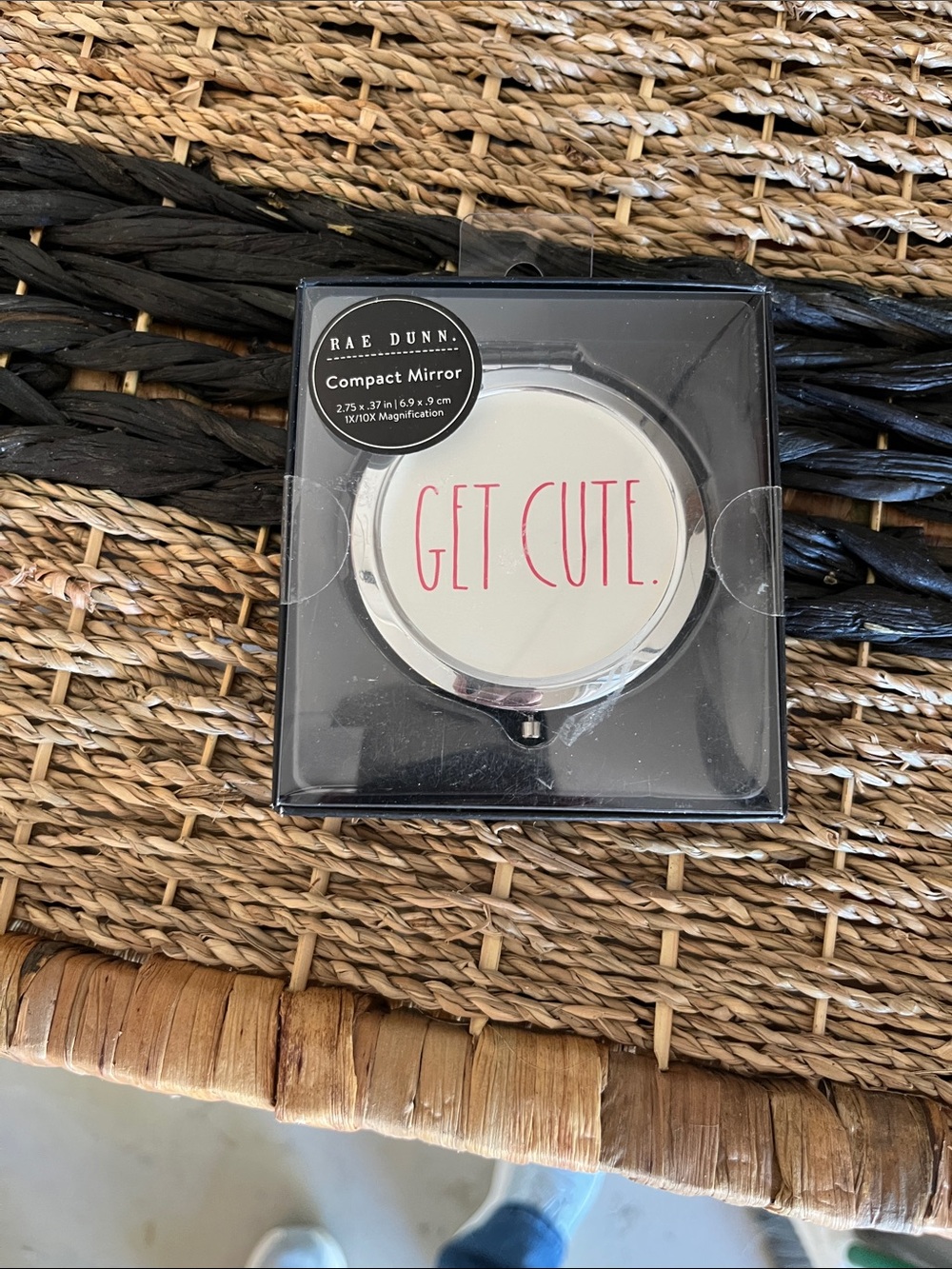Rae Dunn Silver Compact Mirror with Pink 'GET CUTE' Text